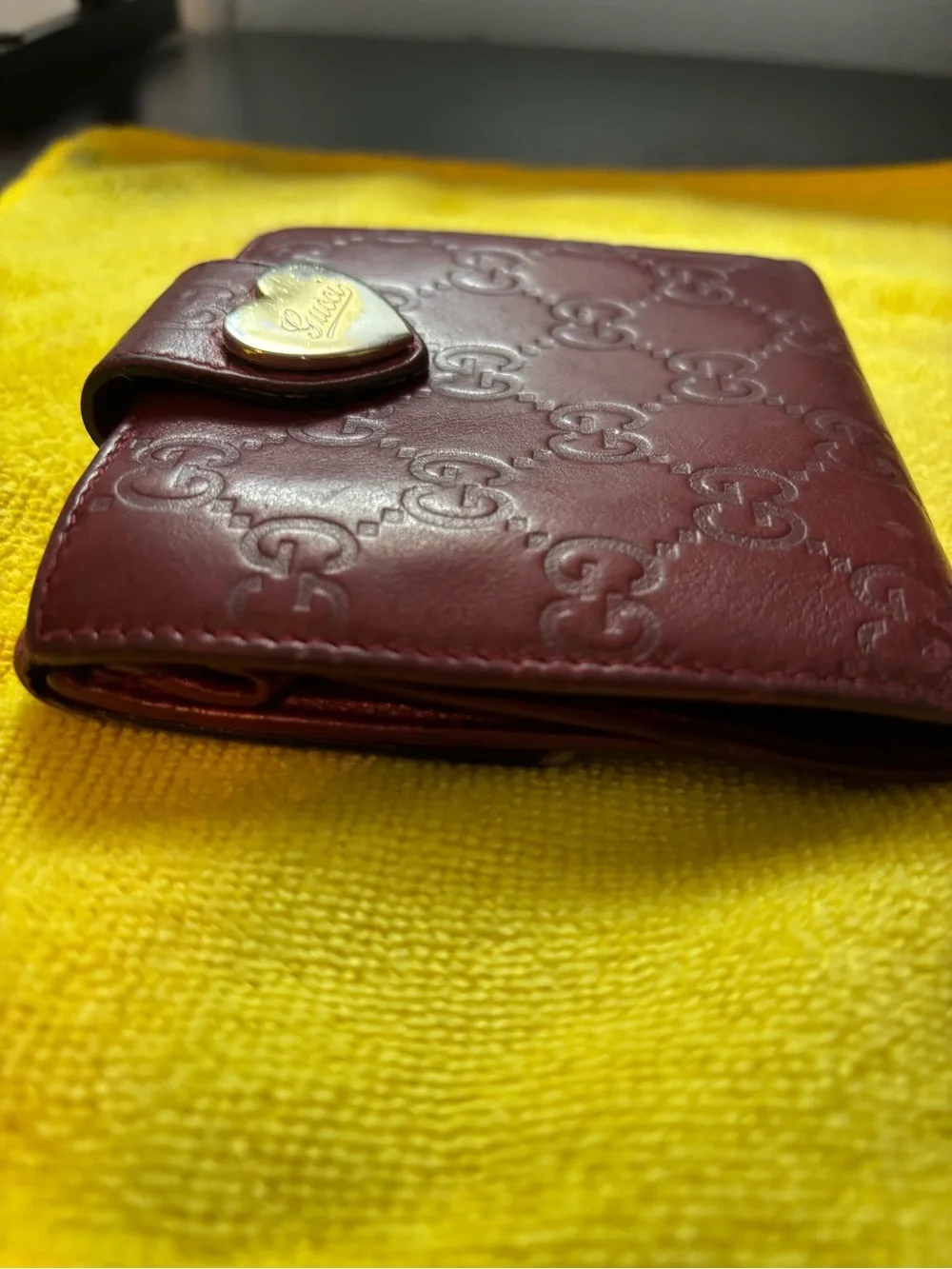 AUTHENTIC Gucci Metallic Guccissima Heart French Flap Wallet - Burgundy Red
